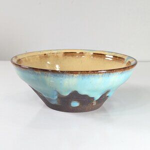 Handmade pottery ice cream bowl in Turquoise blue and toasted yellow